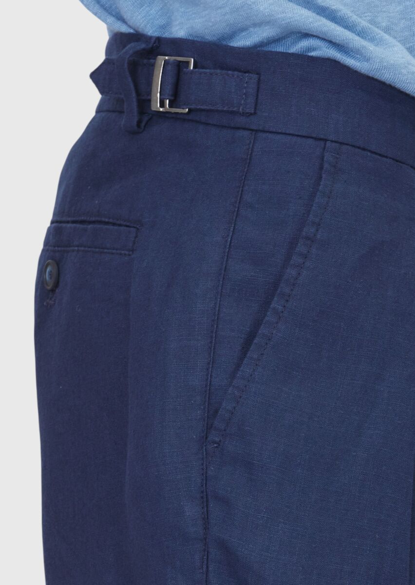 Navy Blue Weaving Carrot Fit Casual 100% Linen Bermuda - 3