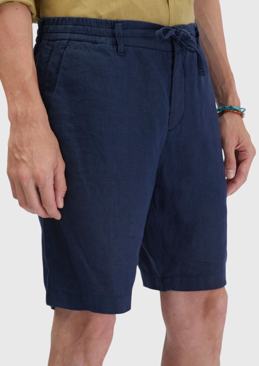 Navy Blue Weaving Carrot Fit Casual 100% Linen Bermuda - 4