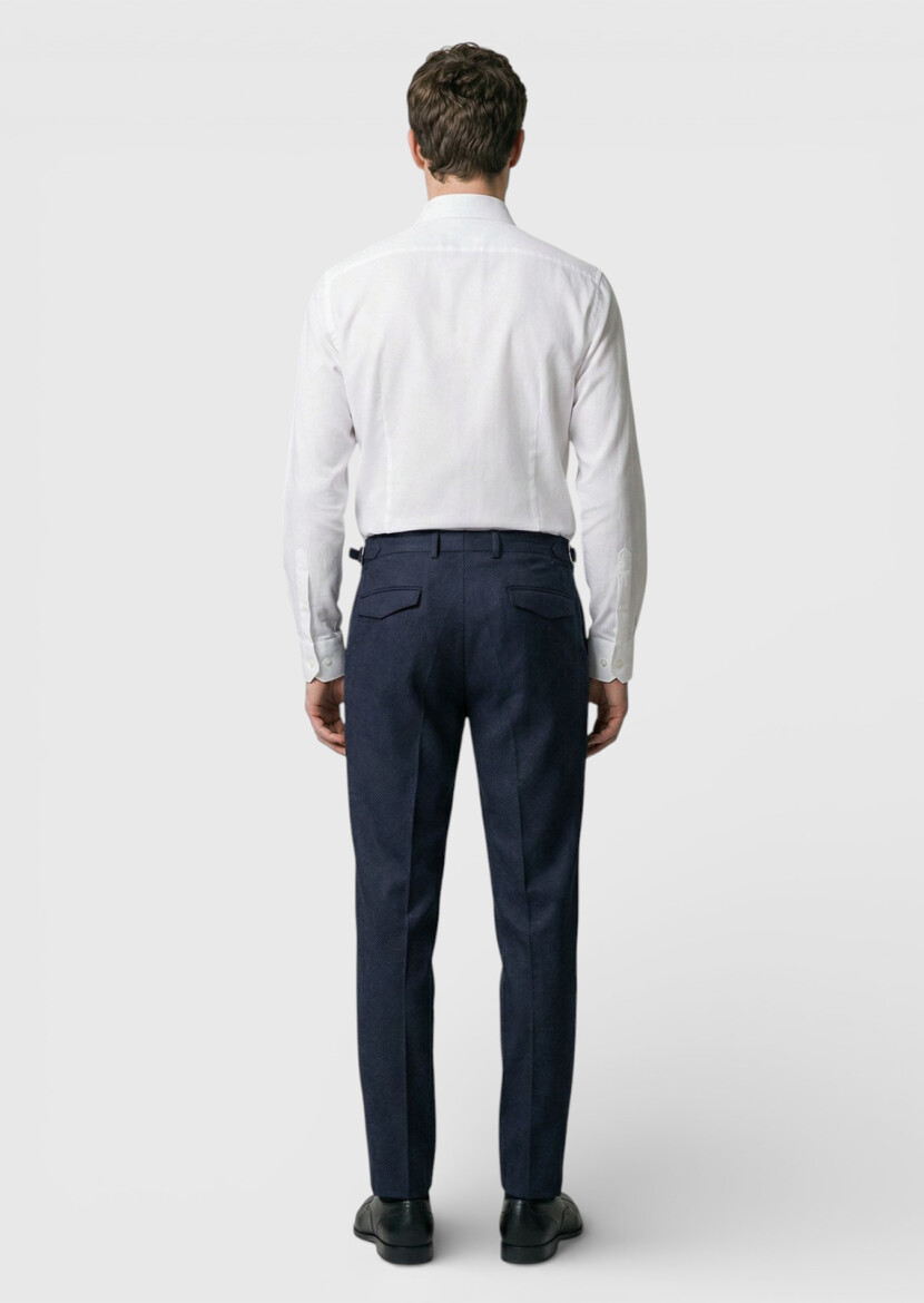 Navy Blue Weaving Carrot Fit Casual Wool Blended Trousers - 3