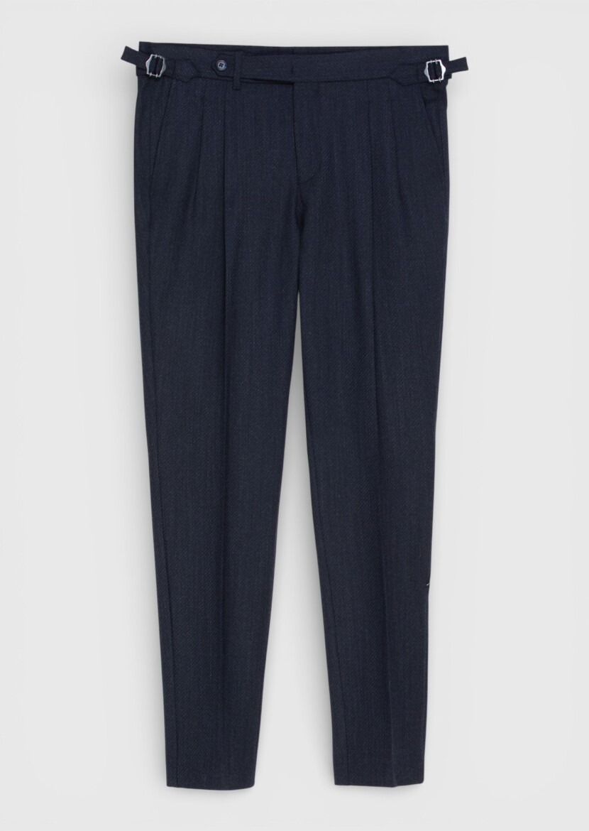 Navy Blue Weaving Carrot Fit Casual Wool Blended Trousers - 4