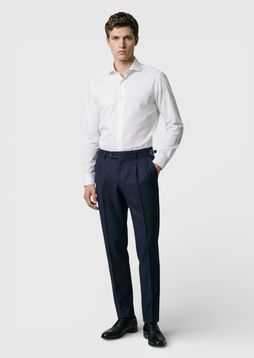 Navy Blue Weaving Carrot Fit Casual Wool Blended Trousers - RAMSEY