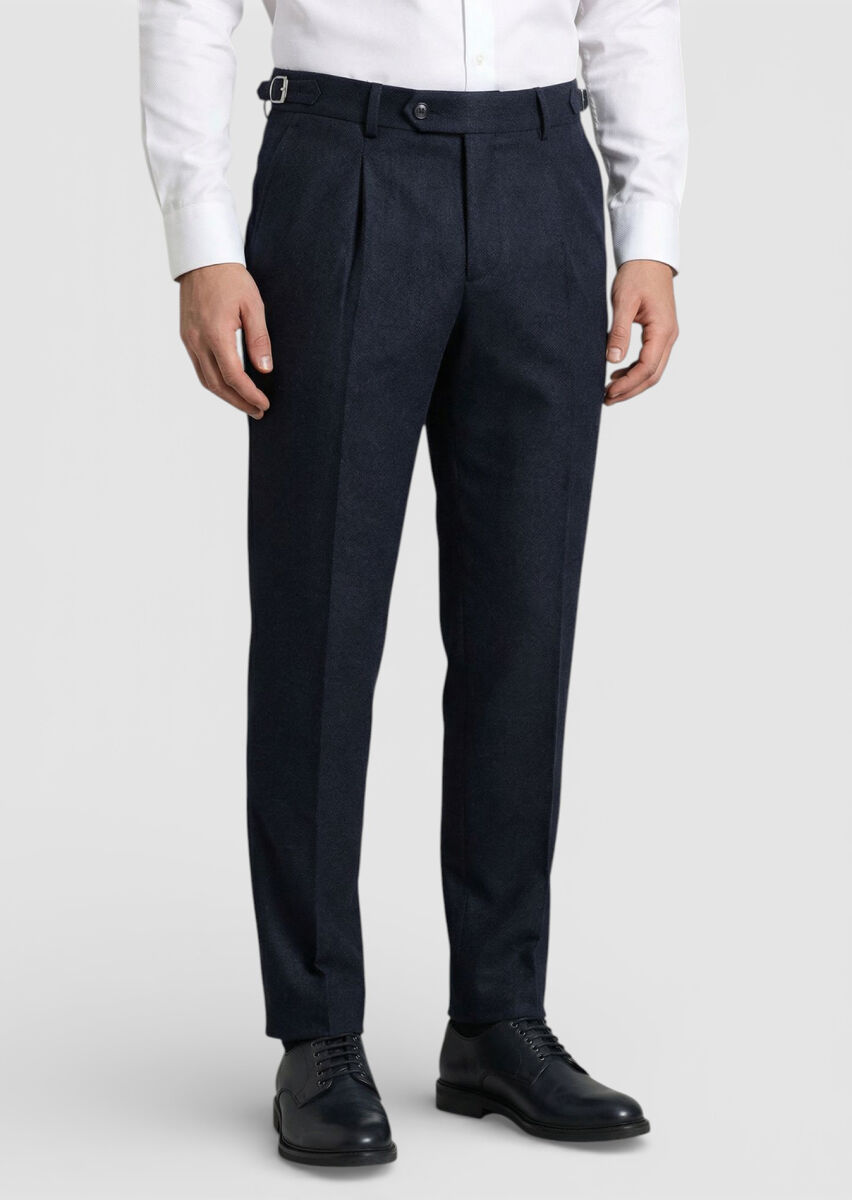 Navy Blue Weaving Carrot Fit Casual Wool Blended Trousers - 2