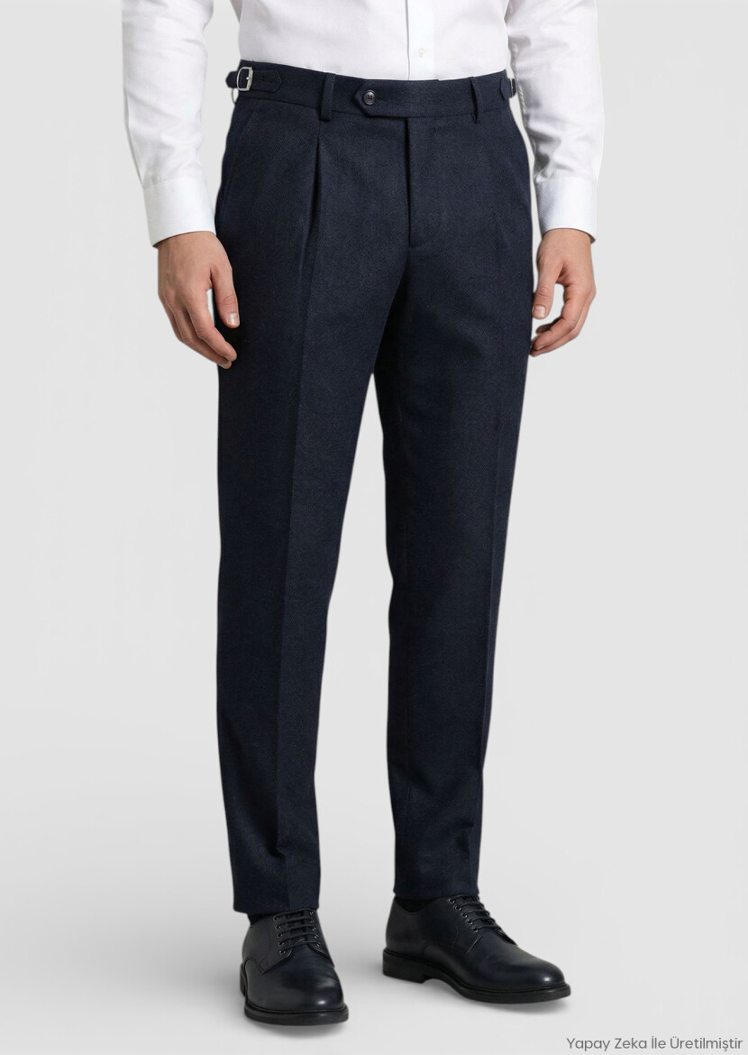Navy Blue Weaving Carrot Fit Casual Wool Blended Trousers - RAMSEY