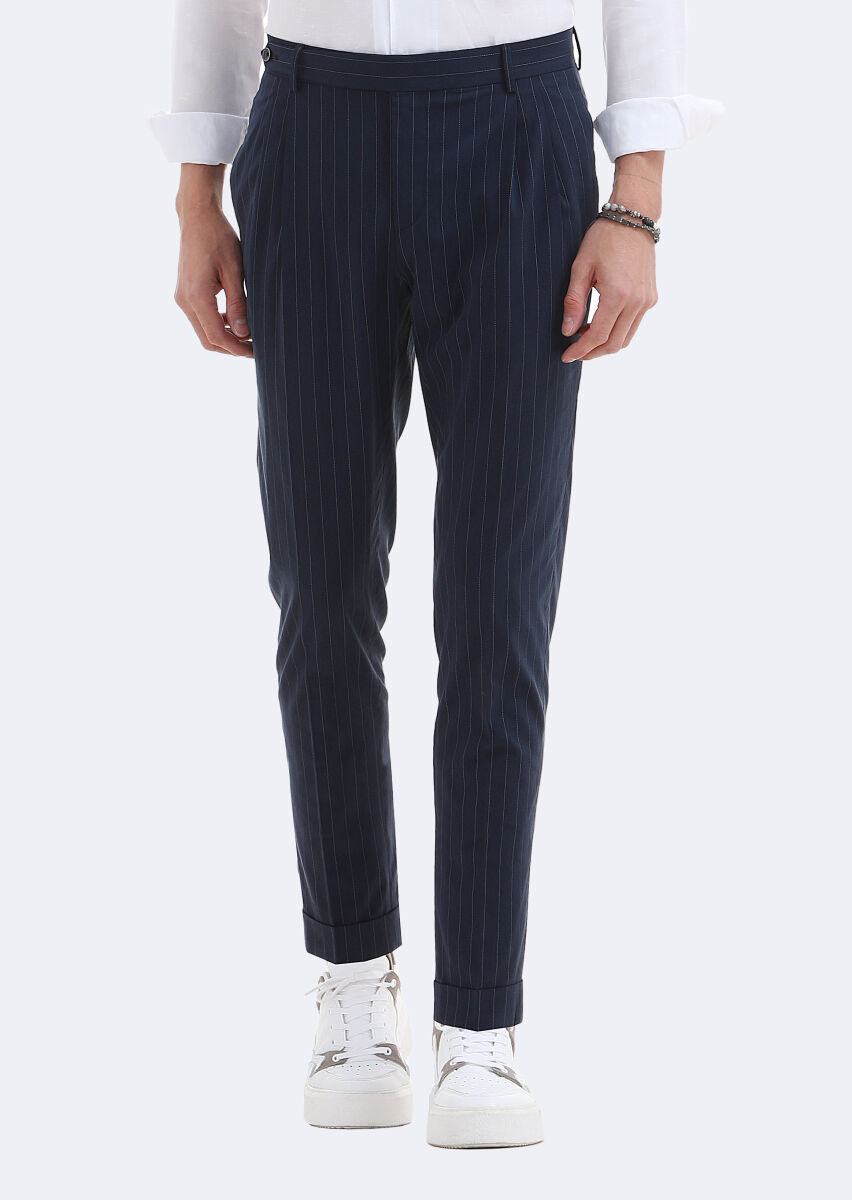 Navy Blue Weaving Carrot Fit Classical Trousers - 1