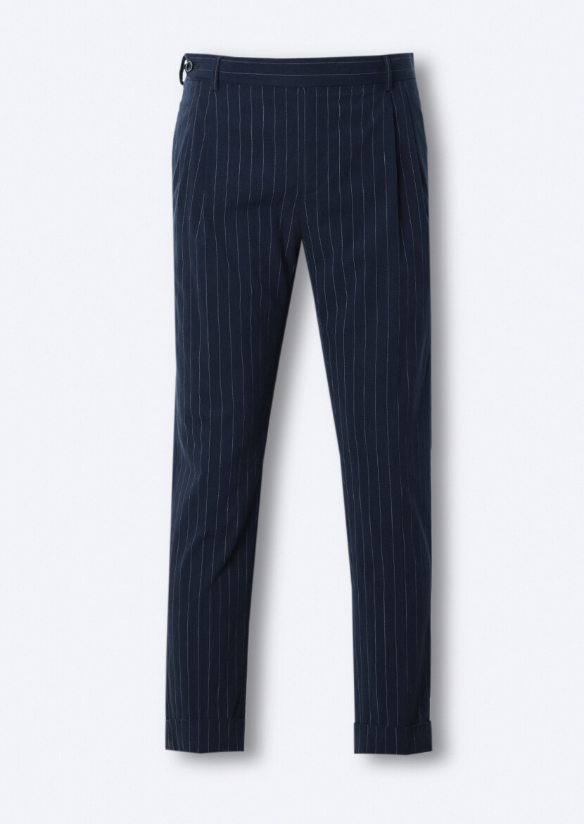 Navy Blue Weaving Carrot Fit Classical Trousers - 7