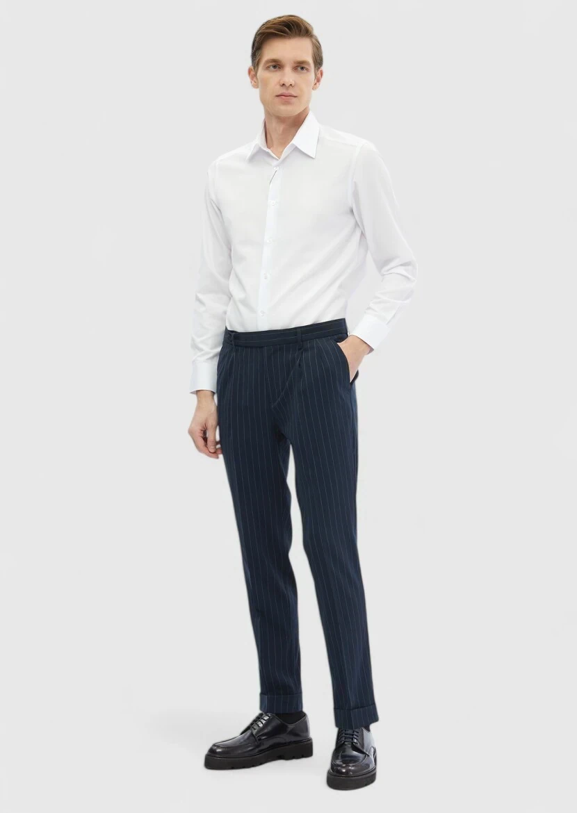 Navy Blue Weaving Carrot Fit Classical Trousers - 2