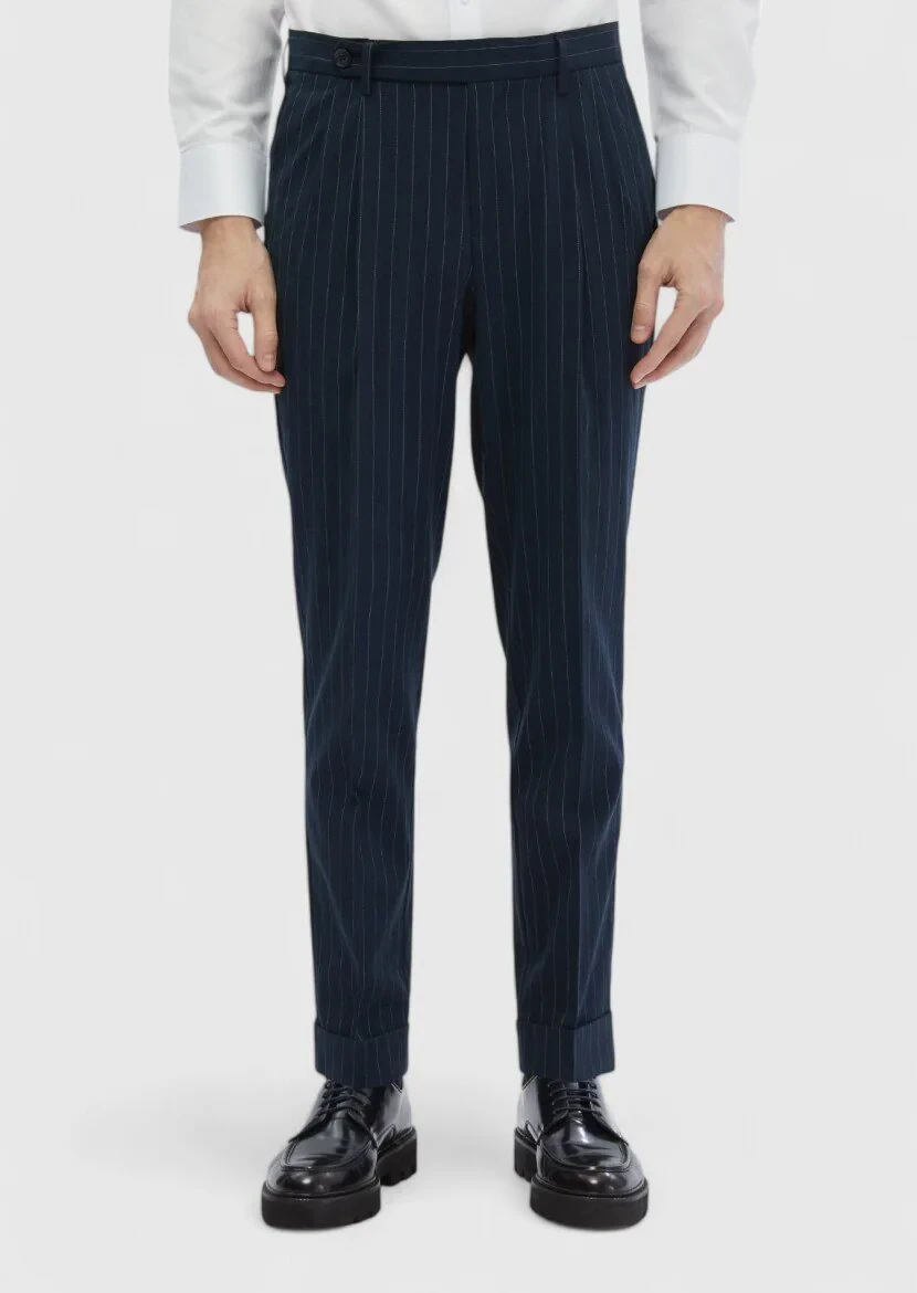 Navy Blue Weaving Carrot Fit Classical Trousers - 3