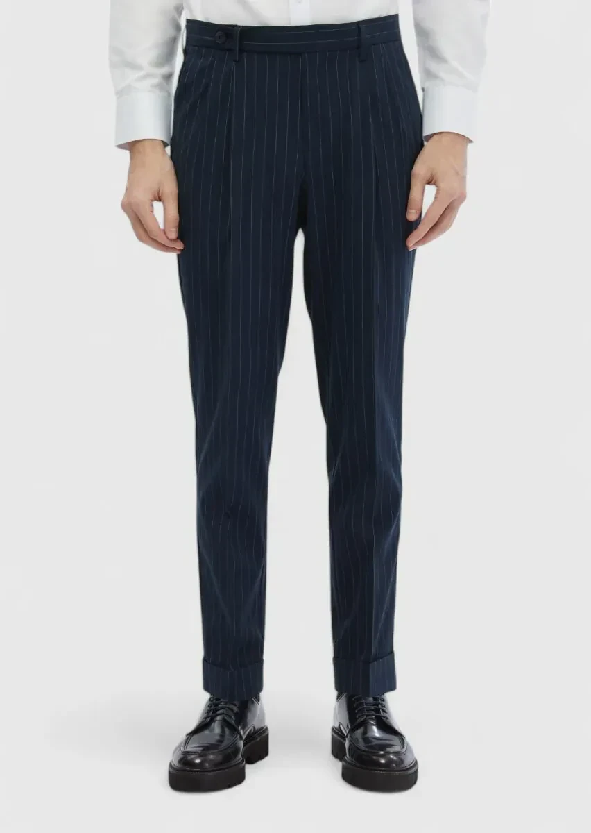 Navy Blue Weaving Carrot Fit Classical Trousers - 3