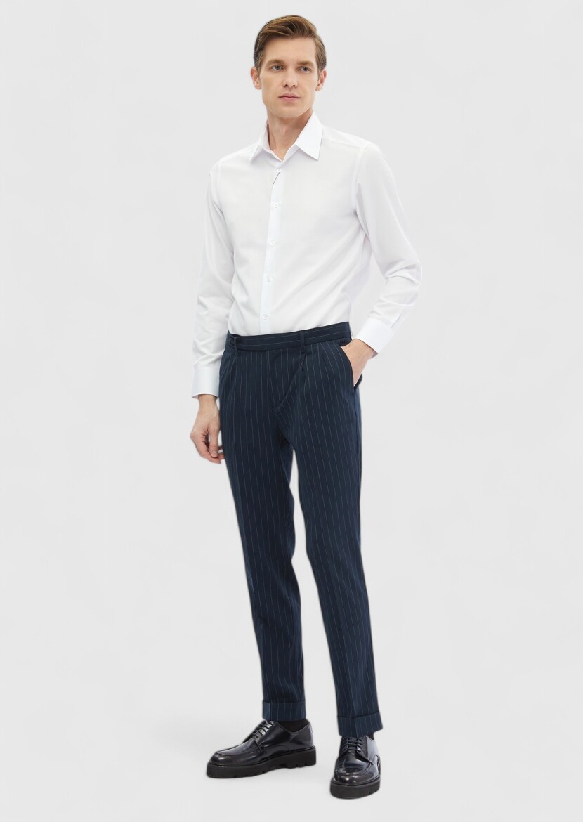 Navy Blue Weaving Carrot Fit Classical Trousers - 2