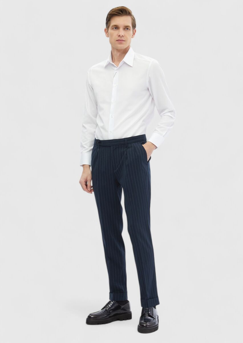 Navy Blue Weaving Carrot Fit Classical Trousers - 2