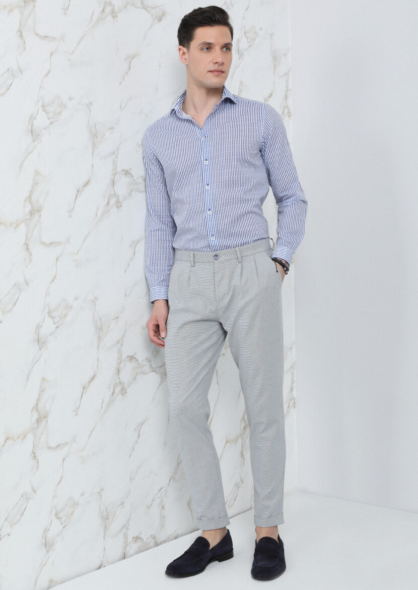 Navy Blue Weaving Carrot Fit Smart Casual Cotton Blended Trousers - 1