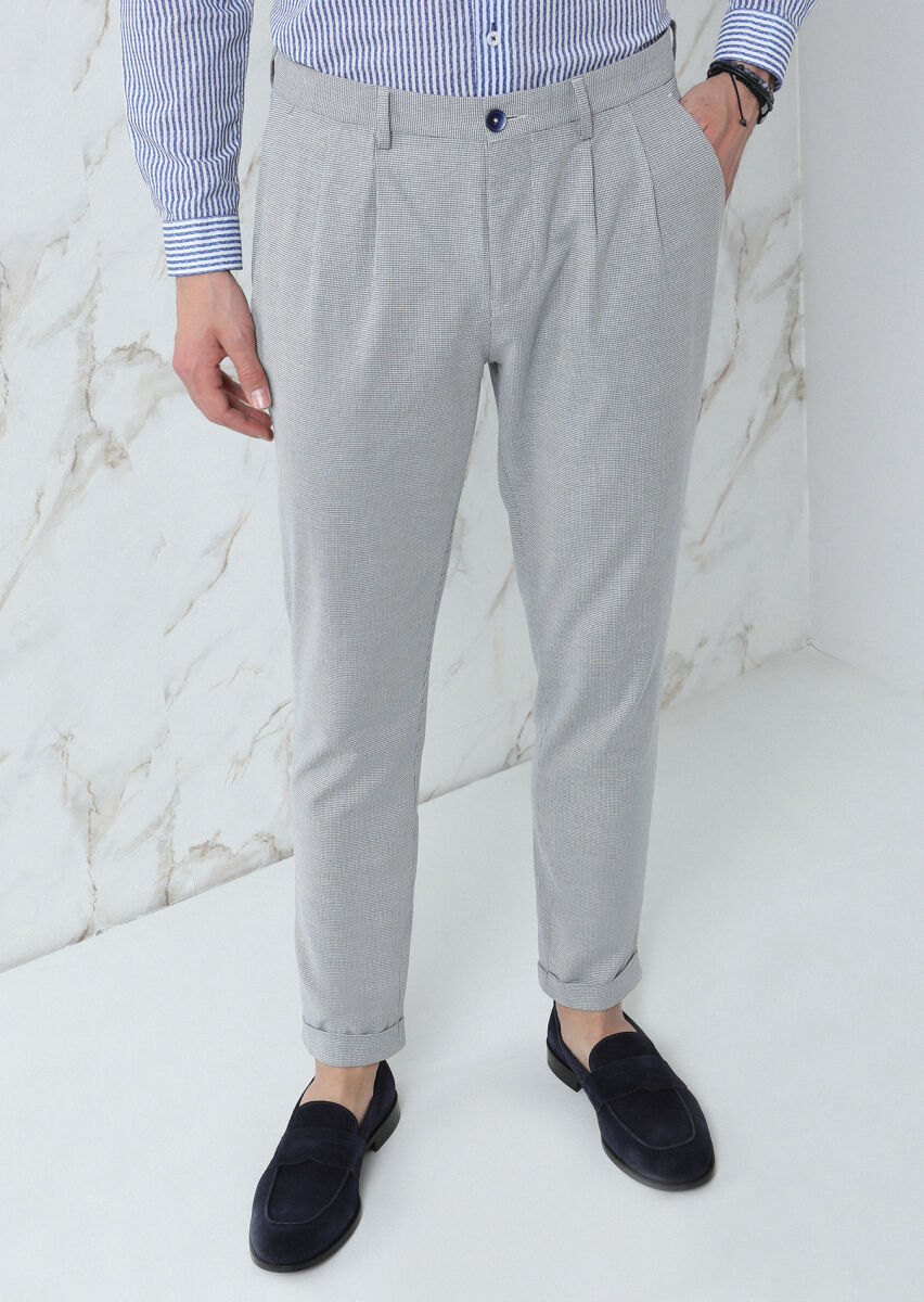 Navy Blue Weaving Carrot Fit Smart Casual Cotton Blended Trousers - 2