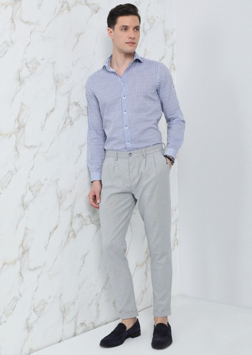 Navy Blue Weaving Carrot Fit Smart Casual Cotton Blended Trousers - 1