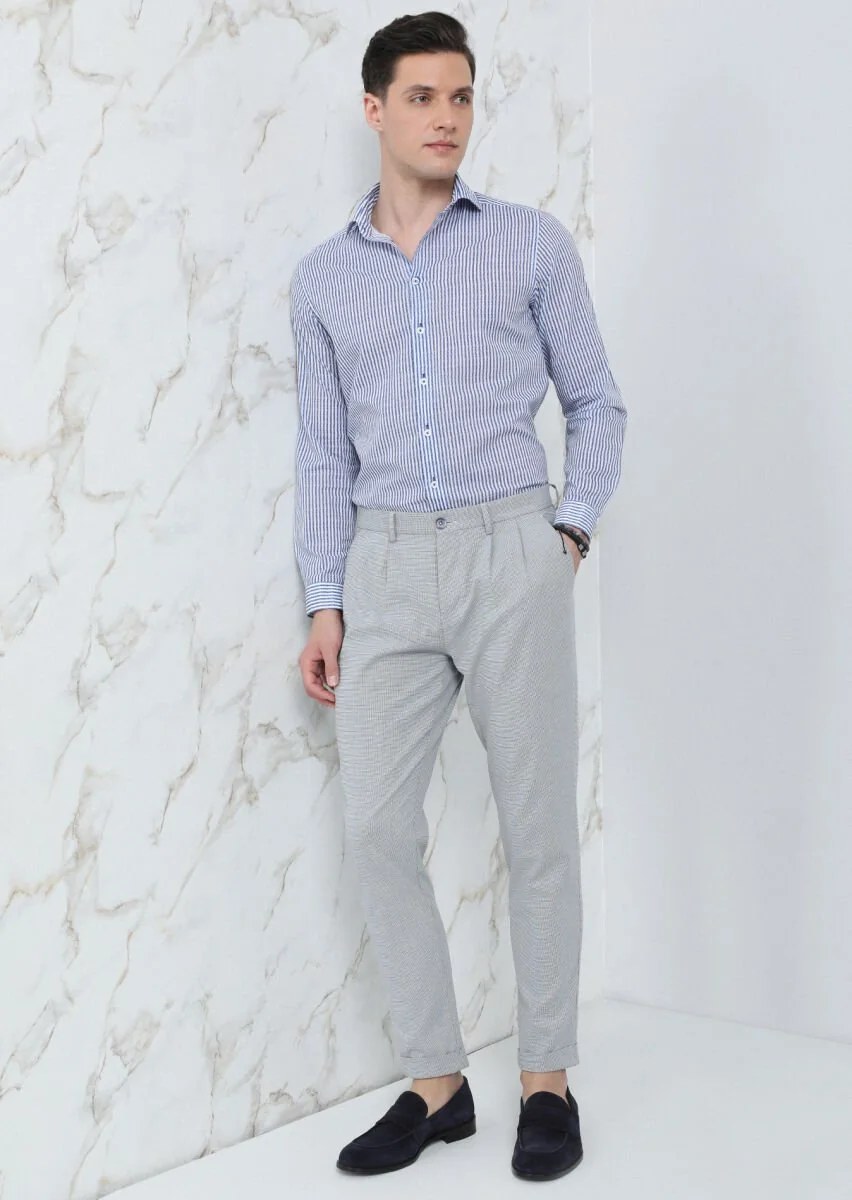 Navy Blue Weaving Carrot Fit Smart Casual Cotton Blended Trousers - 1