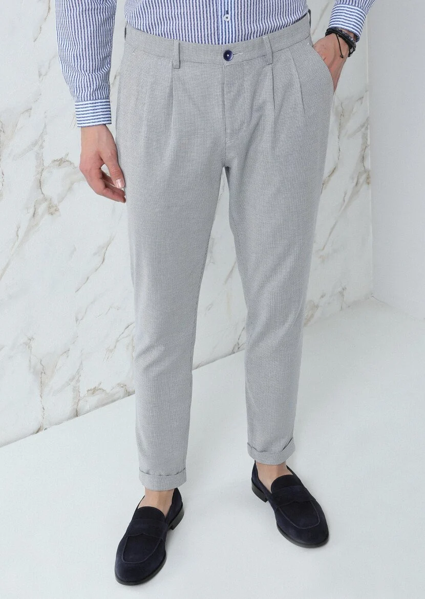 Navy Blue Weaving Carrot Fit Smart Casual Cotton Blended Trousers - 2