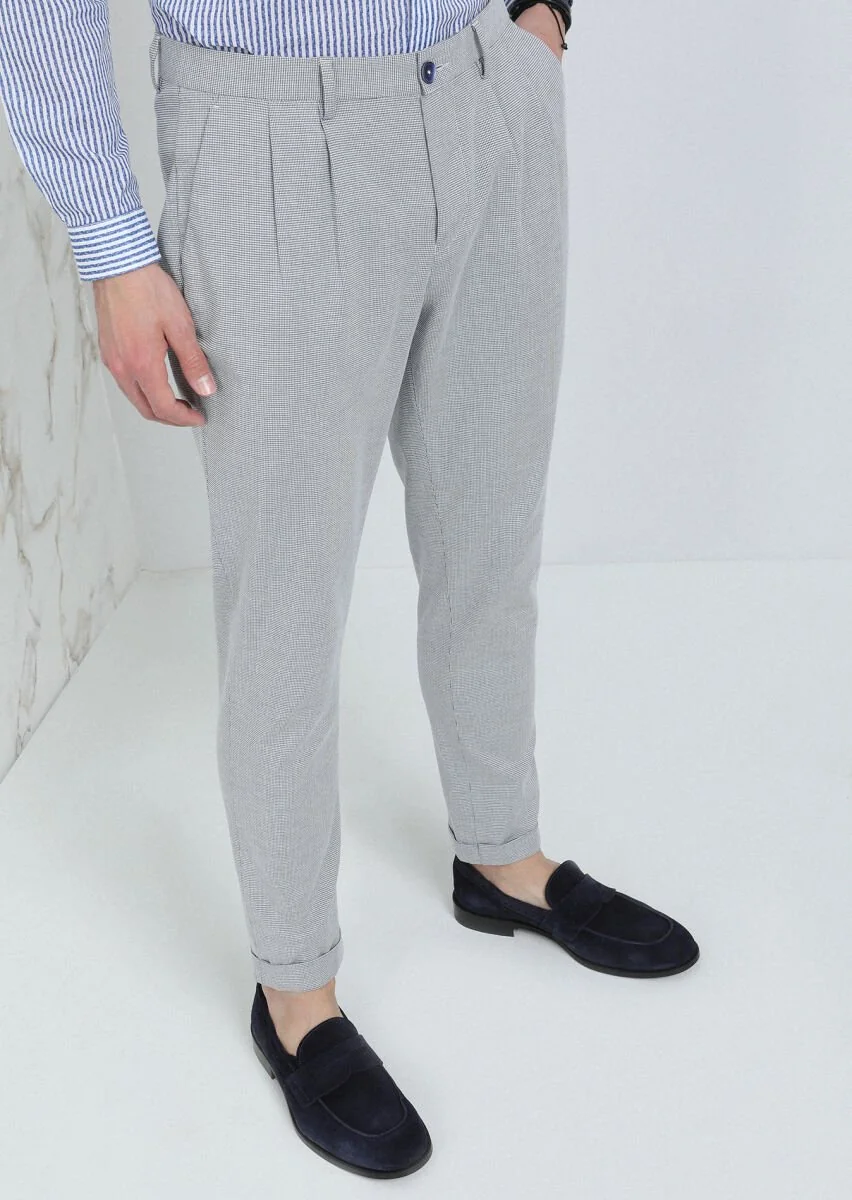 Navy Blue Weaving Carrot Fit Smart Casual Cotton Blended Trousers - 3