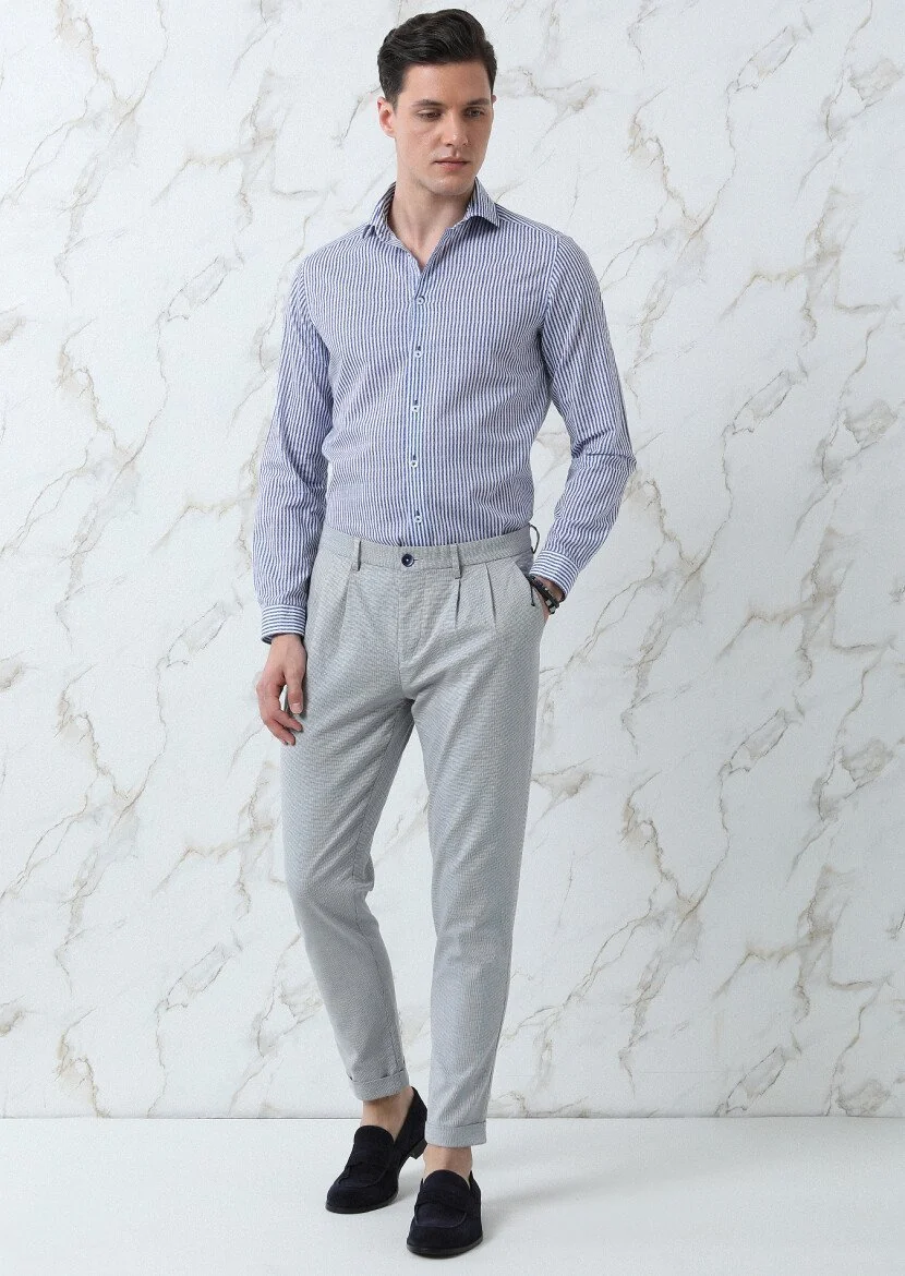 Navy Blue Weaving Carrot Fit Smart Casual Cotton Blended Trousers - 4
