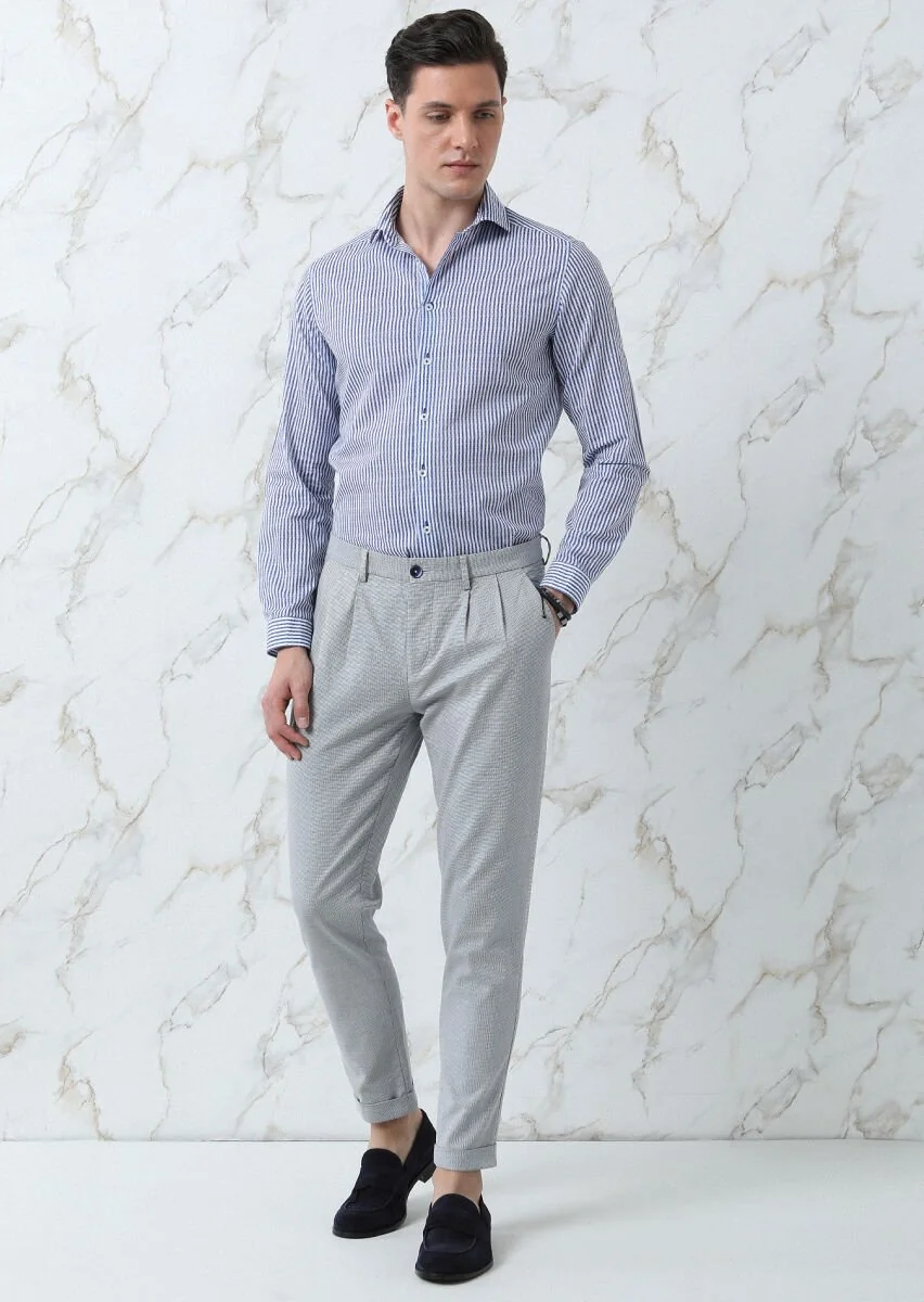 Navy Blue Weaving Carrot Fit Smart Casual Cotton Blended Trousers - 4