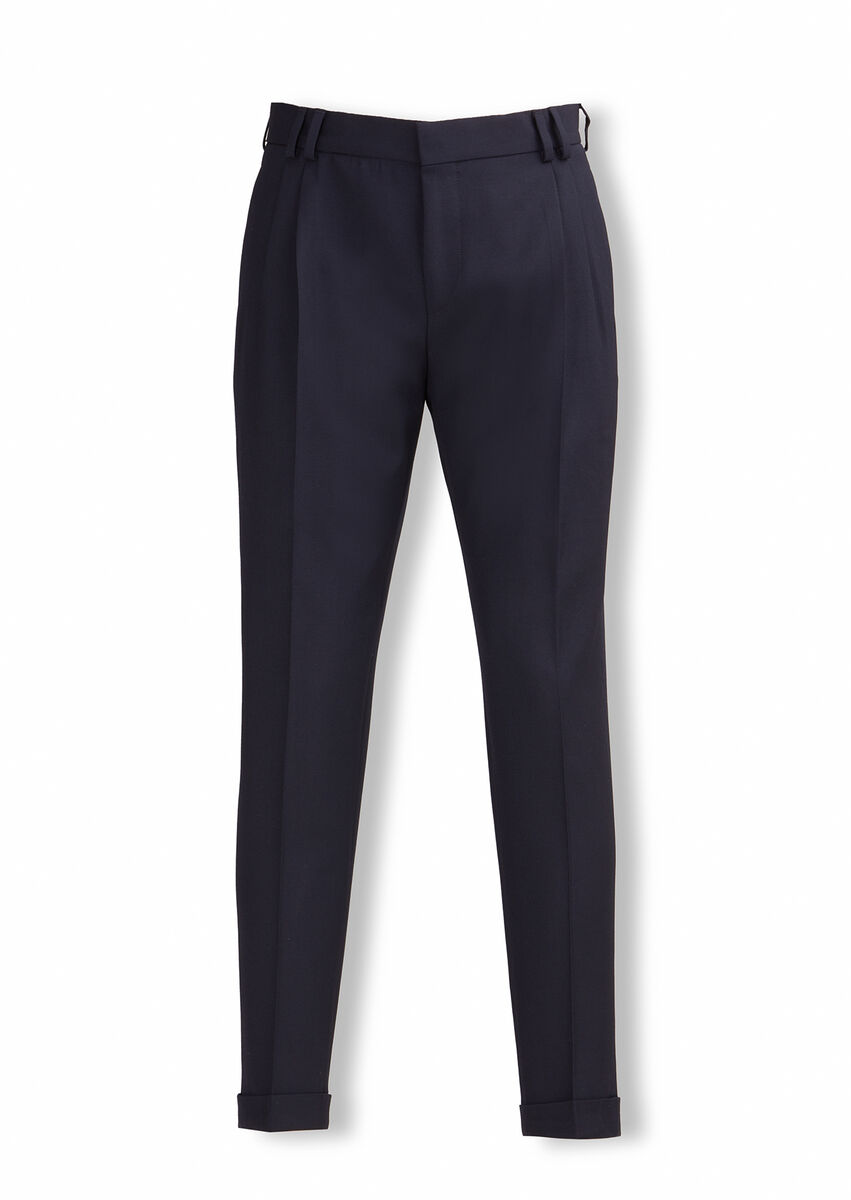 Navy Blue Weaving Carrot Fit Sport 100% Wool Trousers - 1