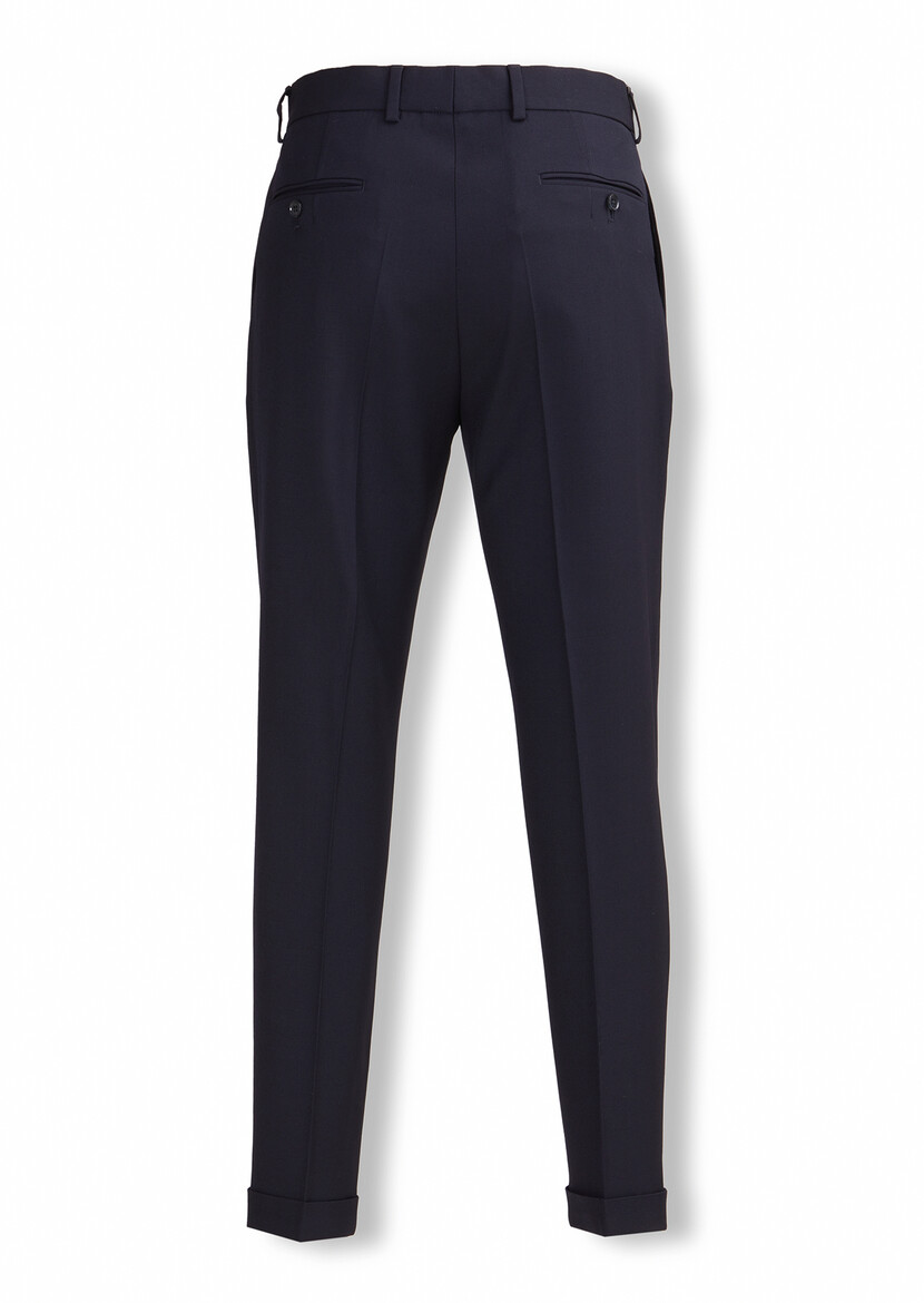 Navy Blue Weaving Carrot Fit Sport 100% Wool Trousers - 3