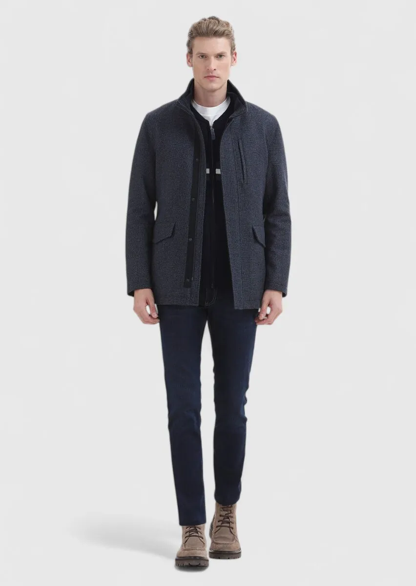 Navy Blue Weaving Coat - 1