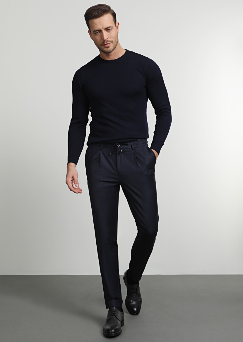 Navy Blue Weaving Jogging Fit Casual Wool Blended Trousers - 1