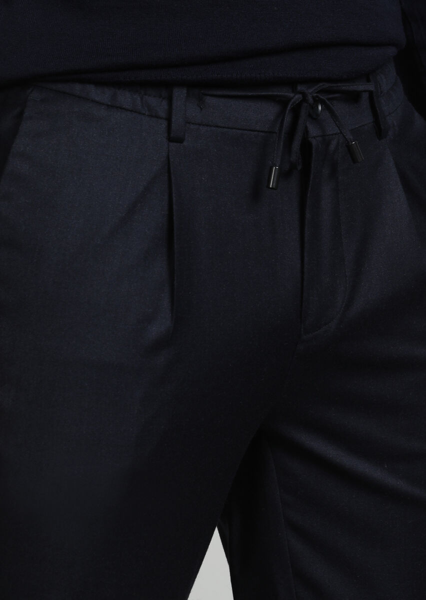 Navy Blue Weaving Jogging Fit Casual Wool Blended Trousers - 2
