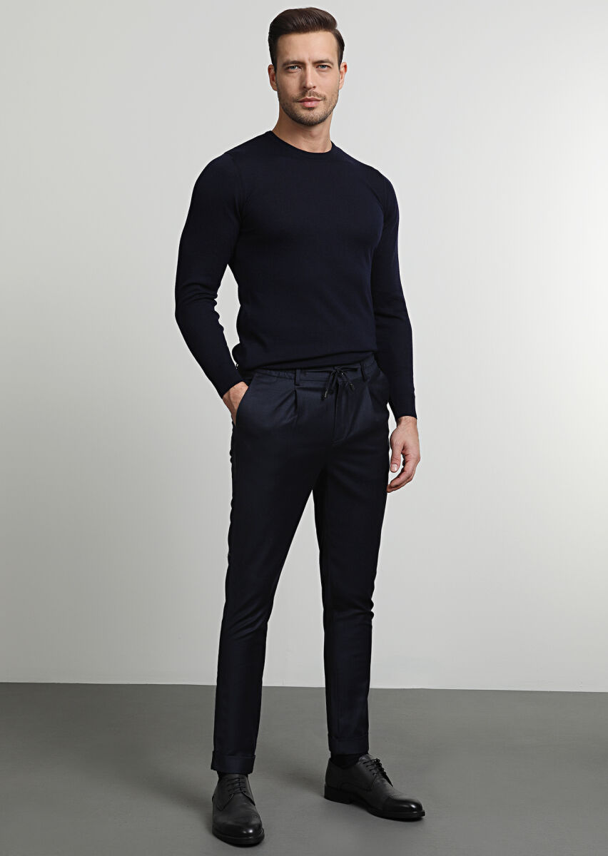 Navy Blue Weaving Jogging Fit Casual Wool Blended Trousers - 3
