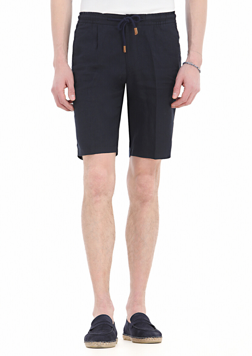 Navy Blue Weaving Jogging Fit Casual 100% Linen Bermuda 