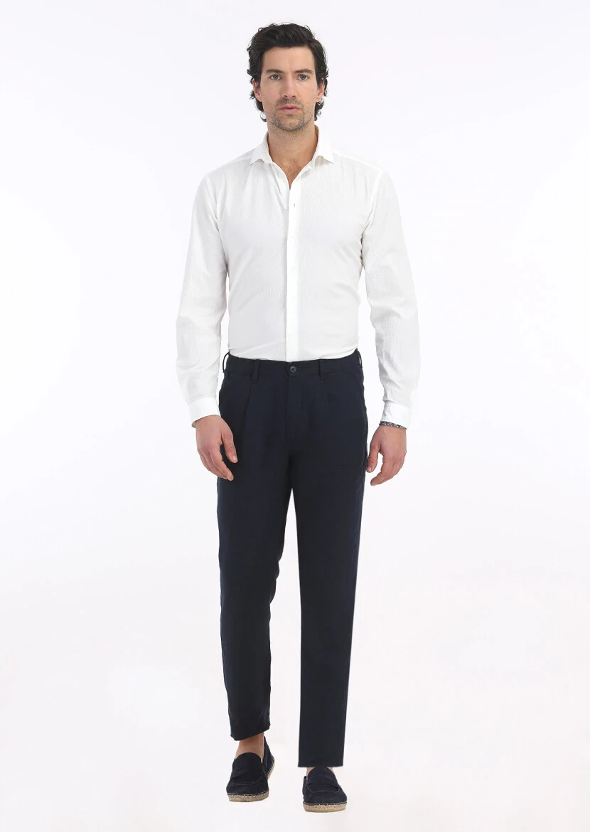 Navy Blue Weaving Jogging Fit Casual 100% Linen Trousers - 1