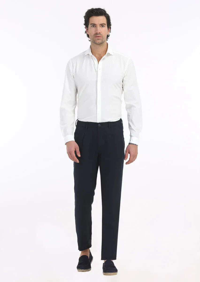 Navy Blue Weaving Jogging Fit Casual 100% Linen Trousers - 1