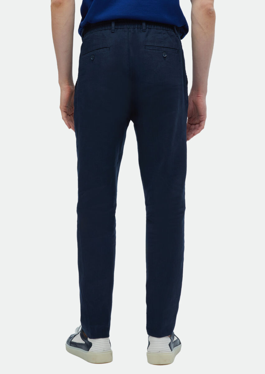 Navy Blue Weaving Jogging Fit Casual 100% Linen Trousers - 6