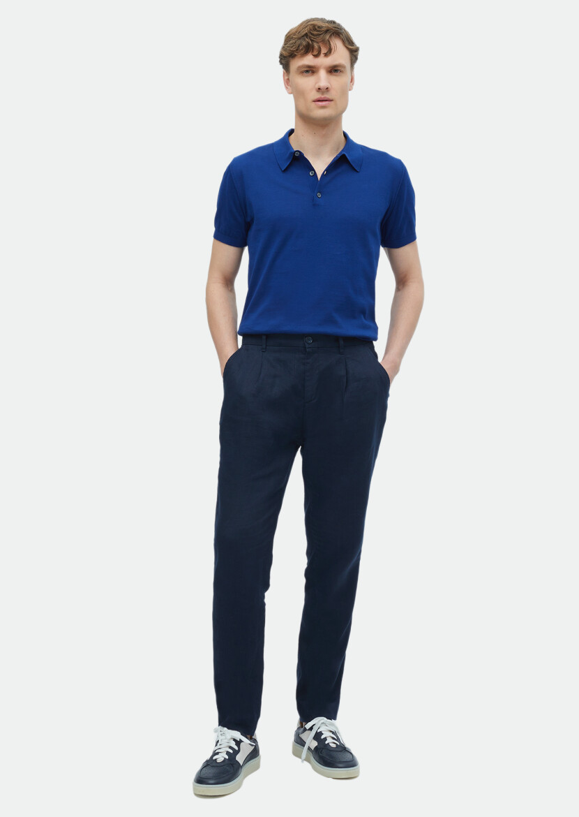 Navy Blue Weaving Jogging Fit Casual 100% Linen Trousers - 1