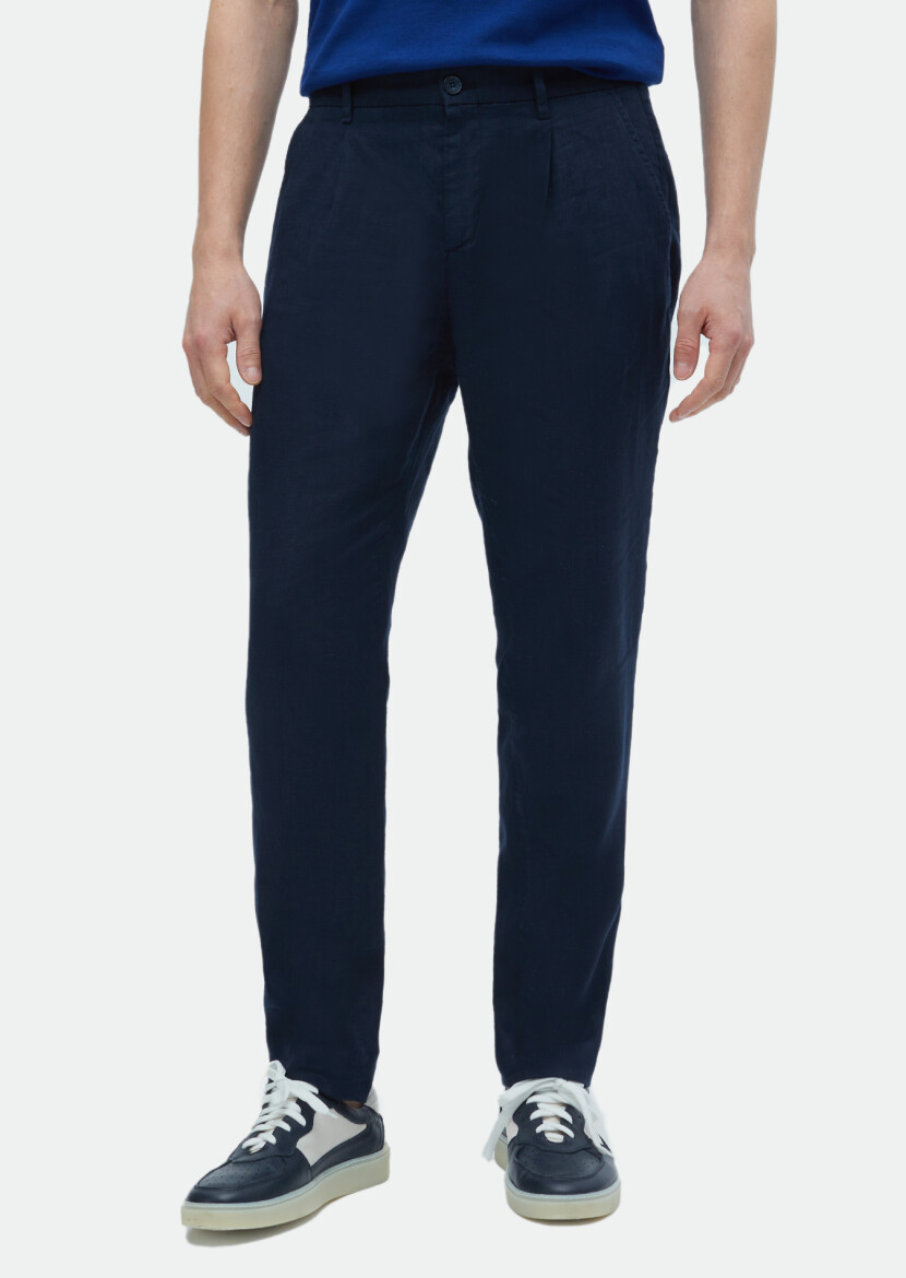 Navy Blue Weaving Jogging Fit Casual 100% Linen Trousers - 2