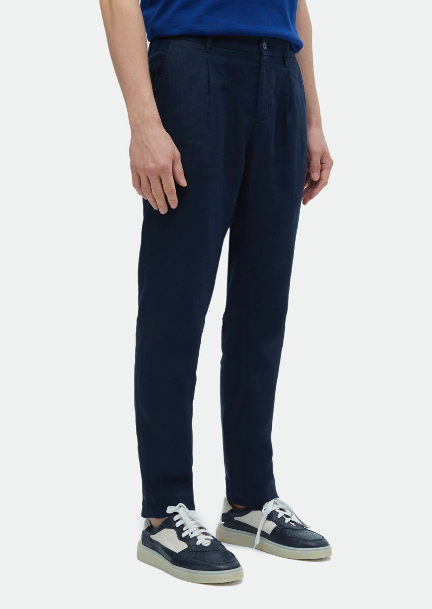 Navy Blue Weaving Jogging Fit Casual 100% Linen Trousers - 3