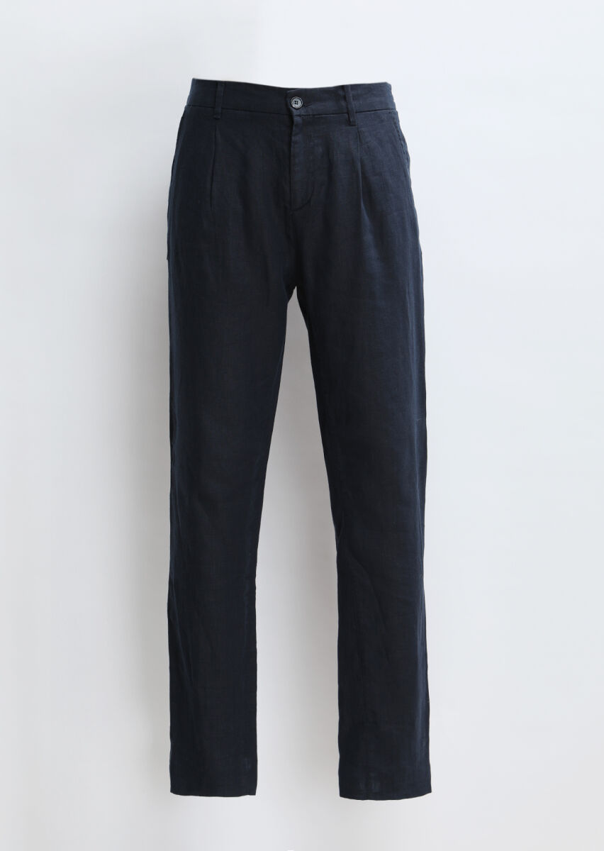 Navy Blue Weaving Jogging Fit Casual 100% Linen Trousers - 7