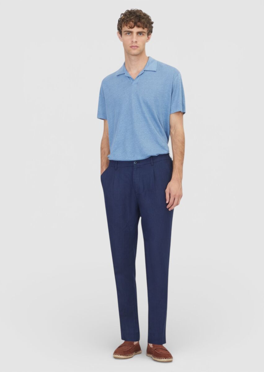 Navy Blue Weaving Jogging Fit Casual 100% Linen Trousers - 1