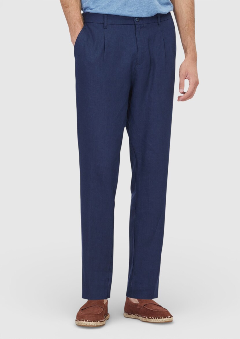 Navy Blue Weaving Jogging Fit Casual 100% Linen Trousers 