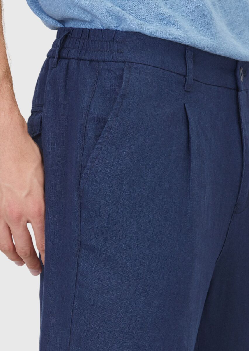 Navy Blue Weaving Jogging Fit Casual 100% Linen Trousers - 3