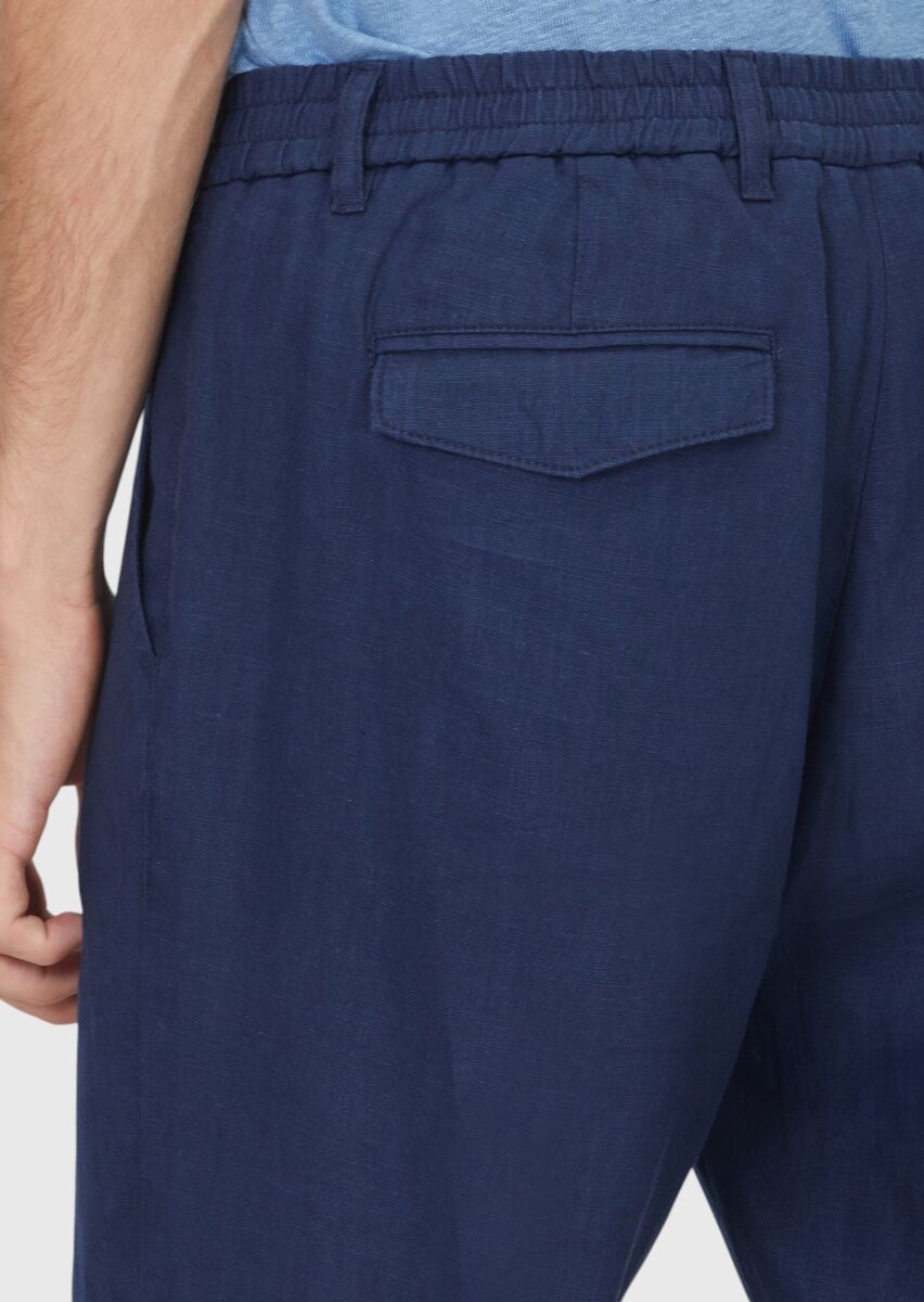 Navy Blue Weaving Jogging Fit Casual 100% Linen Trousers - 4