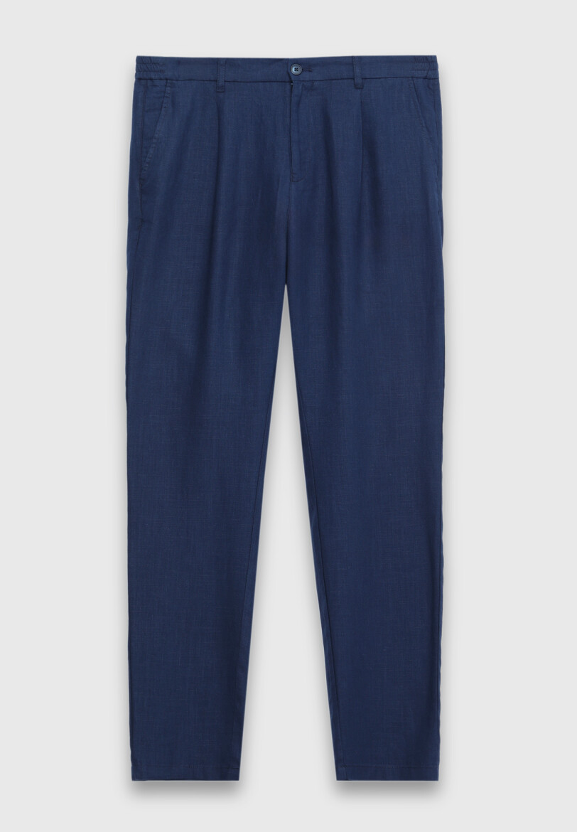 Navy Blue Weaving Jogging Fit Casual 100% Linen Trousers - 6