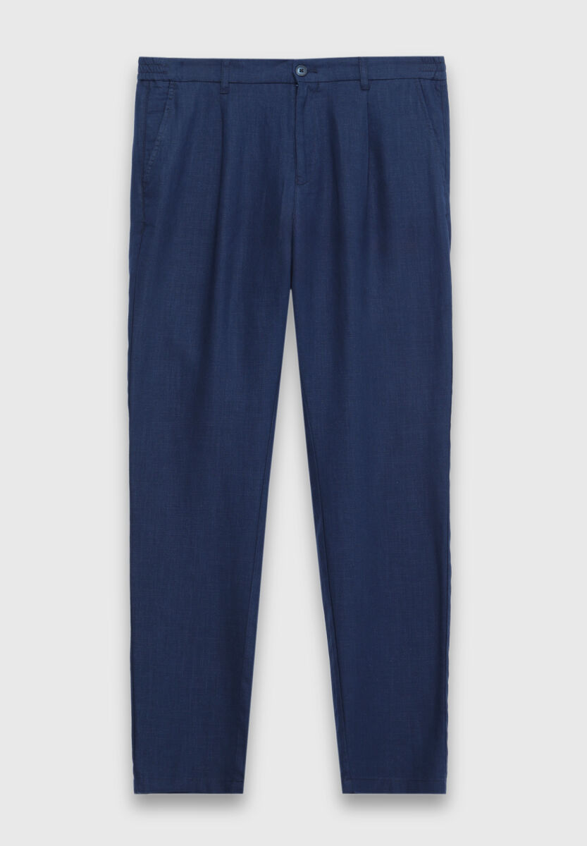 Navy Blue Weaving Jogging Fit Casual 100% Linen Trousers - 6