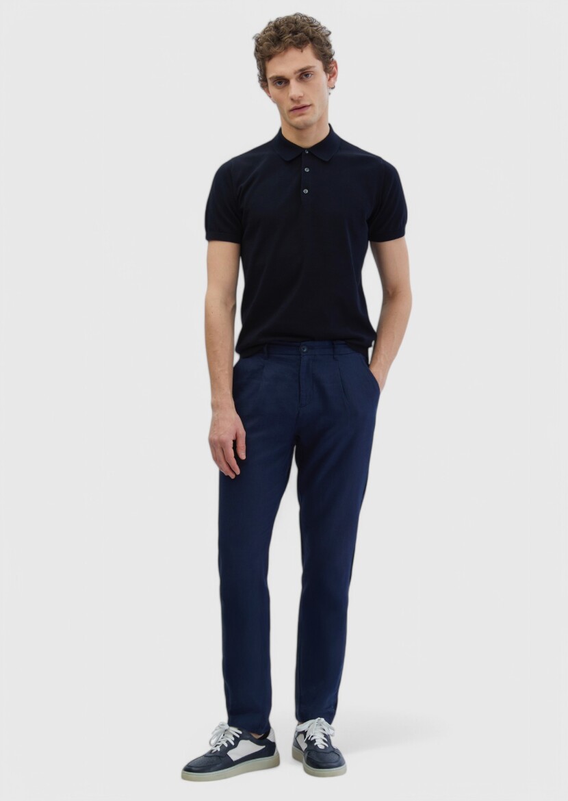 Navy Blue Weaving Jogging Fit Casual 100% Linen Trousers - 1