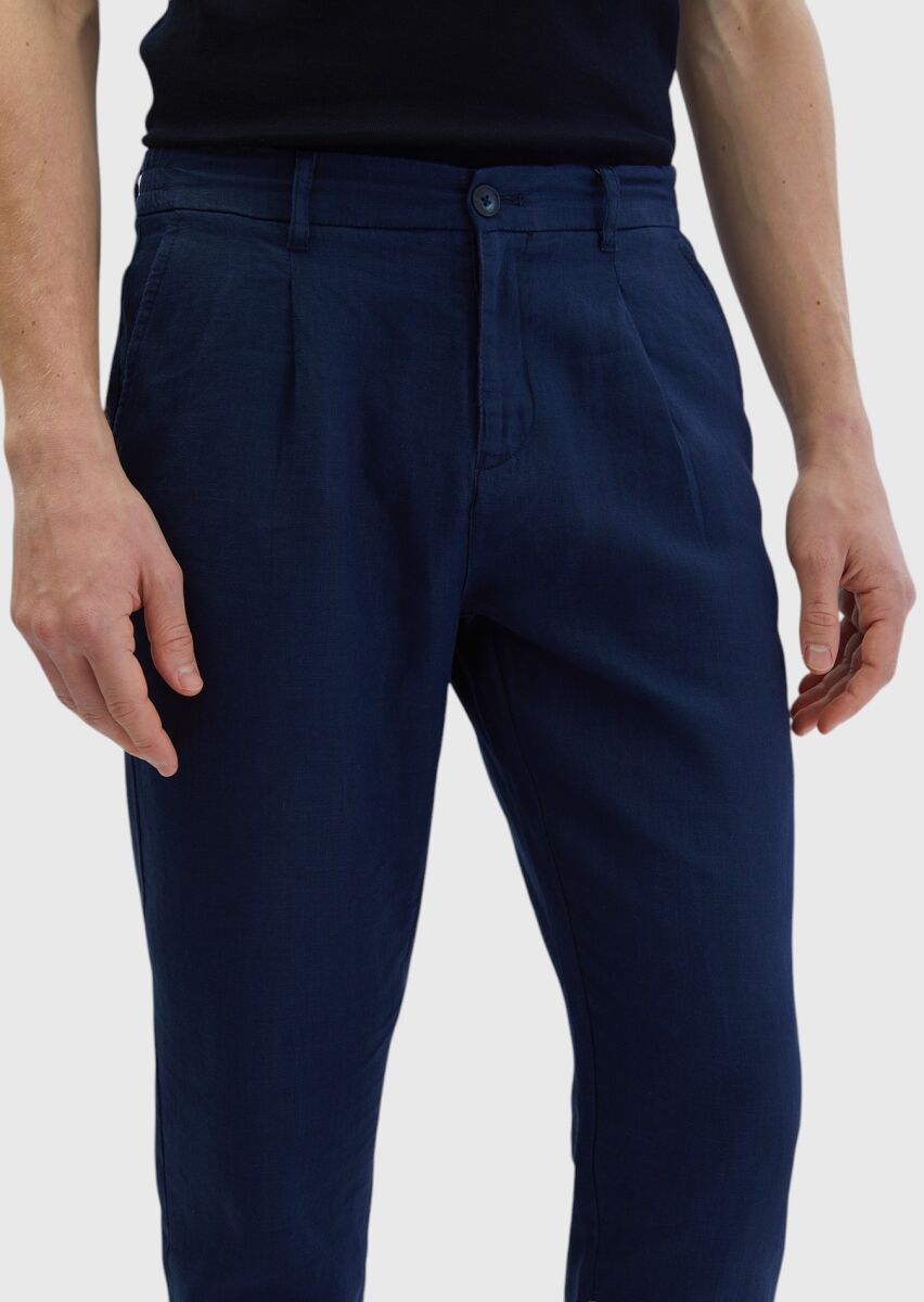 Navy Blue Weaving Jogging Fit Casual 100% Linen Trousers - 3