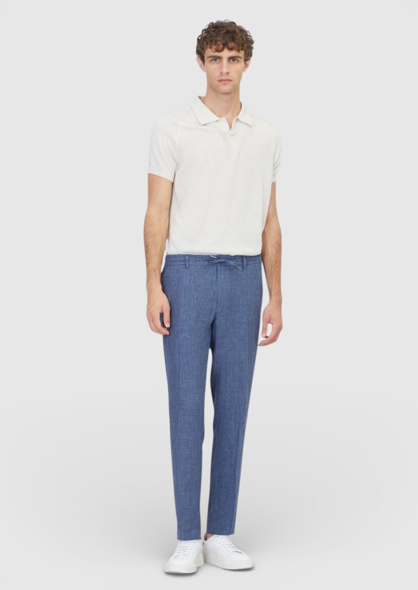 Navy Blue Weaving Jogging Fit Casual 100% Linen Trousers - RAMSEY