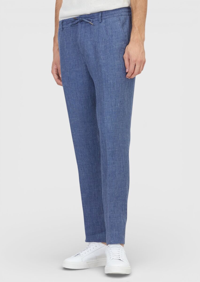 Navy Blue Weaving Jogging Fit Casual 100% Linen Trousers - 2