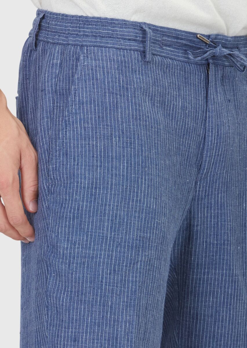 Navy Blue Weaving Jogging Fit Casual 100% Linen Trousers - 3