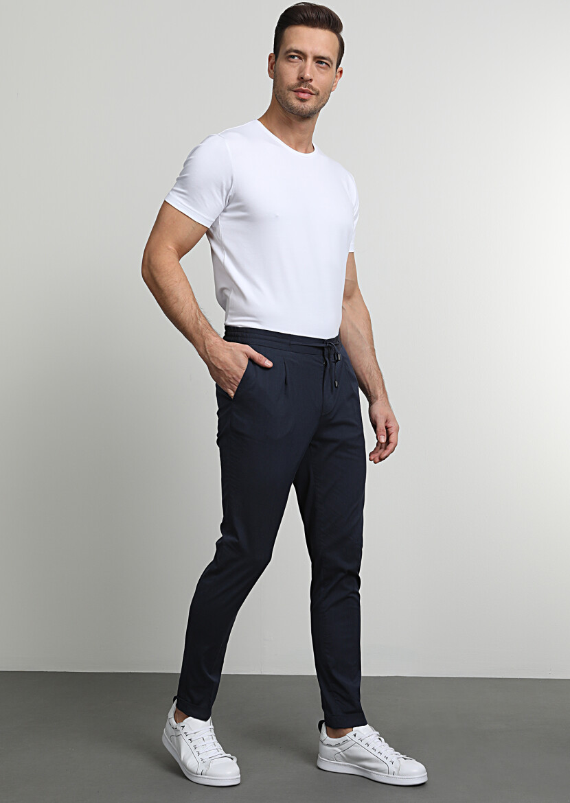 Navy Blue Weaving Jogging Fit Casual Cotton Blended Trousers - 1