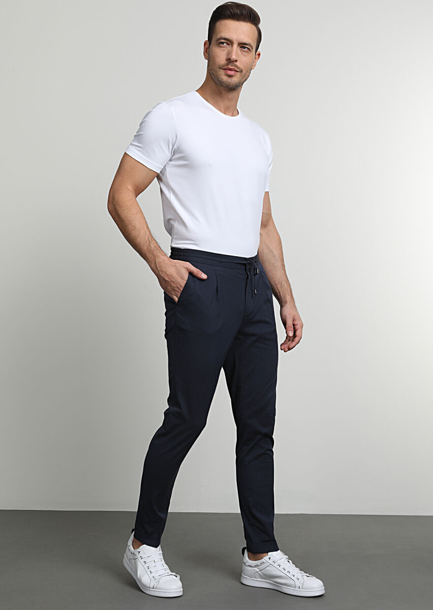 Navy Blue Weaving Jogging Fit Casual Cotton Blended Trousers - 1