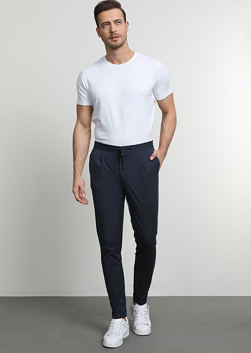 Navy Blue Weaving Jogging Fit Casual Cotton Blended Trousers - 3